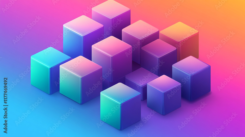 Poster colorful geometric blocks arranged in a dynamic pattern on a vibrant gradient background