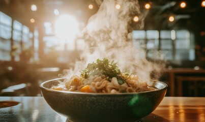 Steaming noodle bowl, restaurant, sunset, food blog
