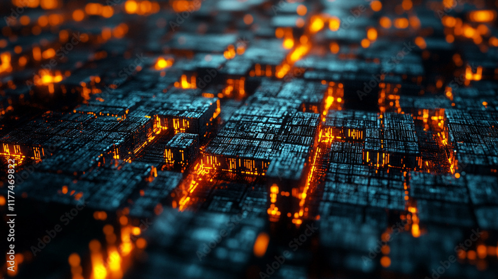 Poster abstract composition of glowing blocks in a dark setting with intricate patterns visible