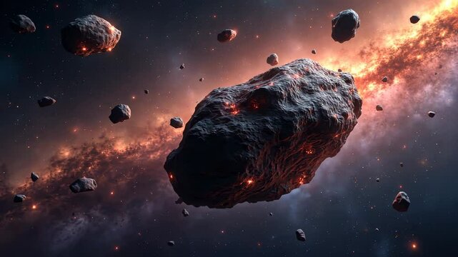 Exploration of distant asteroids amidst a vibrant galaxy filled with cosmic wonders