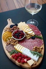 A vibrant charcuterie platter with fresh fruits, nuts, sliced meats, and cheeses, perfect for gatherings, celebrations, or gourmet snacking.