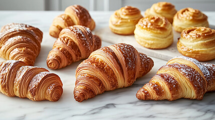 Fototapeta premium Freshly baked pastries, including croissants and éclairs, displayed on a marble countertop with soft lighting 