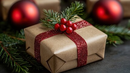 Wrapped gift box with red ribbon and Christmas decorations.