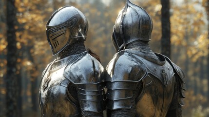 Two armored figures stand back-to-back in a forest setting, showcasing medieval themes.