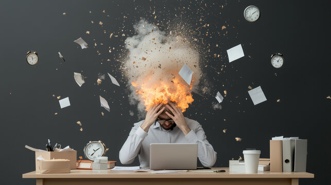 A person sits at a desk, overwhelmed, with a cloud of explosion above their head, symbolizing stress and chaos in a work environment.