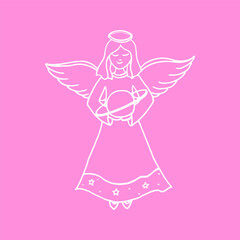 Angel linear hand drawn illustration with planet on pink color background in vector format