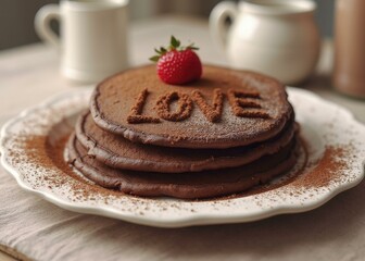LOVE written in cocoa powder on a plate of chocolate pancakes with strawberry, set in a cozy, romantic breakfast scene