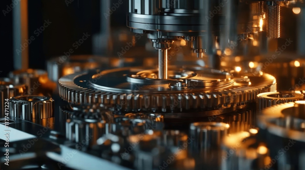 Poster automated robotic arm precisely placing a component onto a complex system of rotating gears, illumin