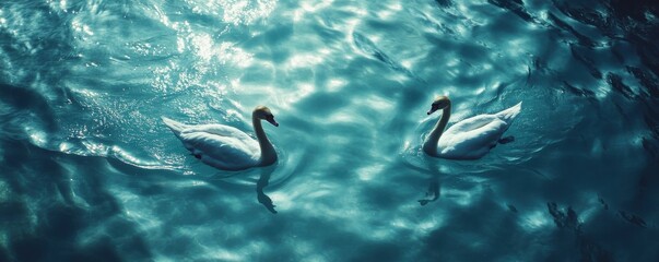 Naklejka premium Serene Swans Gracefully Glide Across Teal Waters: A Majestic Aquatic Ballet