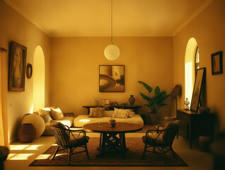 Bohemian Interior Design style. Beige boho style home cozy interior.