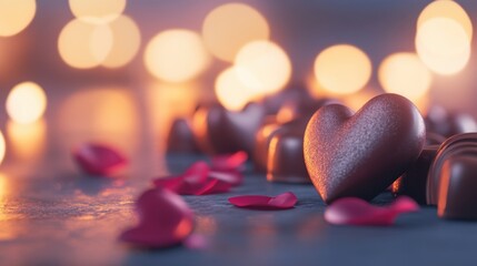 Elegant Valentine Day mockup featuring heart-shaped chocolates, scattered petals, and a glowing romantic backdrop.