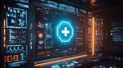 A glowing blue shield with a prominent plus sign at its center, surrounded by a sleek, futuristic digital interface
