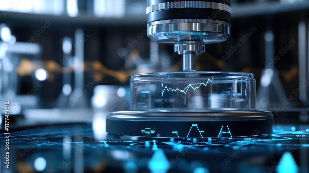 Poster advanced equipment analyzing samples in a state of the art laboratory, displaying holographic data p