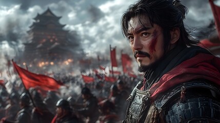 Proud Ming General Surveying Troops Before Fortified Castle in Dramatic Sky