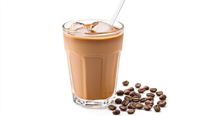 Iced coffee in a glass with coffee beans beside it.