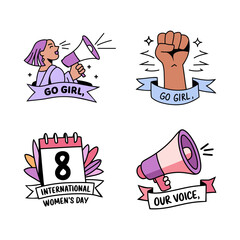 Four Cute, Colorful Vector Icon Sticker Celebrating International Women's Day.