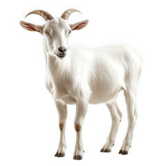 realistic depiction of a white goat with small. curved horns. standing upright against a plain background the goat appears healthy and well-groomed. showcasing its distinctive features this illustrati