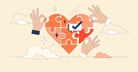 Healthcare unity is symbolized by hands assembling a heart-shaped puzzle, highlighting collaboration and care. Neubrutalism hands concept