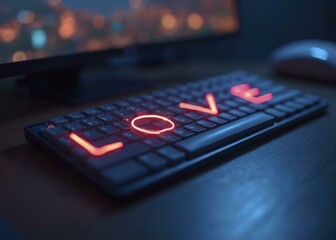 Obraz premium LOVE spelled out on computer keys, illuminated by soft light from the monitor in a cozy desk setting
