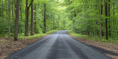 Obraz premium A newly paved road stretching through a dense green forest. The fresh greenery and soft light create a calm and inviting atmosphere perfect for a scenic drive.