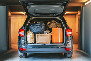 Packed car trunk indicating upcoming road trip or vacation, symbolizing travel and adventure