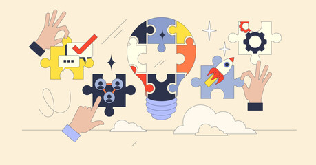 Collaborative brainstorming depicted with hands assembling puzzle pieces into a lightbulb. Key objects, lightbulb, puzzle pieces, hands. Neubrutalism hands concept