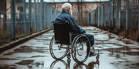 Obraz premium An elderly man in a wheelchair on a rainy pathway, surrounded by metal fences and wet ground, creating a somber atmosphere.