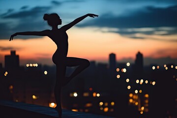 Silhouette Of A Ballerina Dancing At Sunset Over City