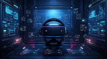 Fototapeta premium VR headset in futuristic control room with data interfaces on screens for simulation
