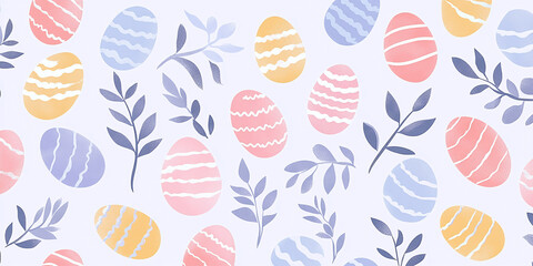 A seamless pattern of colorful Easter eggs and leaves on a light background, perfect for seasonal or holiday designs.