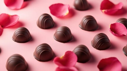 Fototapeta premium Gourmet chocolates surrounded by soft rose petals on a sleek pink surface, perfect for Valentine Day campaigns.