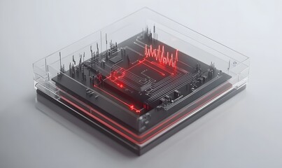 Futuristic transparent case showcasing a glowing red circuit board.