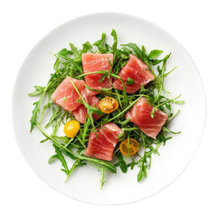 fresh salad composed of arugula. slices of raw tuna. and yellow cherry tomatoes. arranged elegantly on a white plate the vibrant colors and textures suggest a healthy. appetizing dish. ideal for a lig