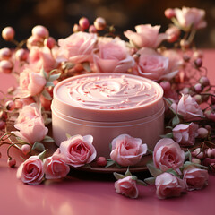 Jar of rose cream and flower on table