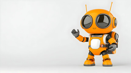 Friendly orange robot waving, backpack, white background;  website banner, children's book.
