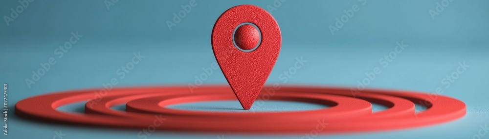 Poster a red location pin is centered against a blue background, surrounded by concentric circles represent