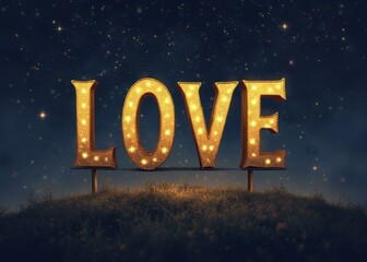 LOVE glowing in vintage bulbs against a pitch black night sky filled with stars on a grassy hill