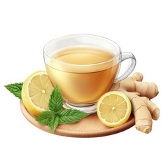 clear glass cup filled with light brown tea. accompanied by slices of lemon and pieces of ginger. all arranged on a wooden plate with fresh mint leaves this composition suggests a refreshing. herbal b