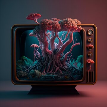 Trippy muchroom character , fungi, oceanic , hyper realistic , A high-definition CG rendering of a dark rose forest , on a CRT television in 1980s