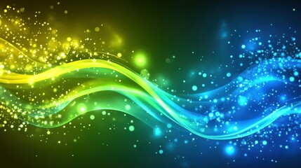 Obraz premium A stunning abstract background showcasing glowing neon wave lines in shades of green and blue, flowing at high speed through a dark space