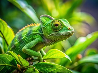 Juvenile Green Chameleon Climbing Wild Plant - Candid Wildlife Photography
