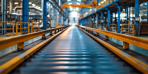 Fototapeta premium Industrial Conveyor Belt in a Spacious Modern Factory, Manufacturing and Production Facility 