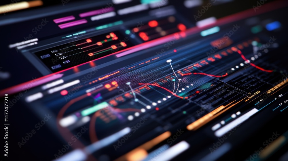 Poster multiple screens showcasing futuristic manufacturing software display real time production data, ana