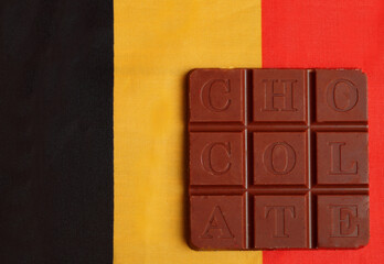 chocolate with the text chocolate on the flag of Belgium. The concept of traditional products of Belgium, chocolate