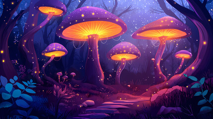 Naklejka premium A magical night in the forest, when bright bioluminescent mushrooms illuminate the foothills of large curved trees. strange glowing vines hang from the branches. Foothill. Illustration