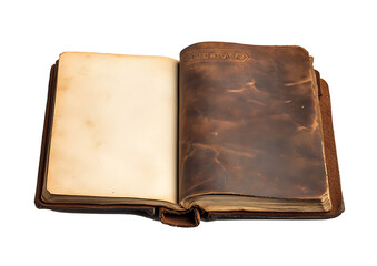 Fototapeta premium An open blank book with white pages on the left isolated on white background.PNG