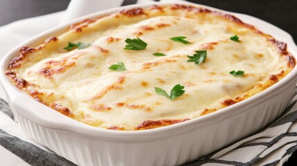 Creamy lasagna topped with cheese and herbs in a baking dish.