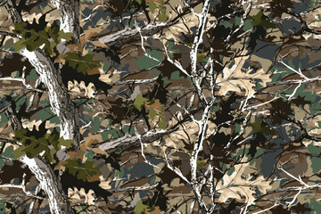 Woodland hunting camouflage seamless pattern with tree bark. Camouflage pattern background for hunting and military purposes.