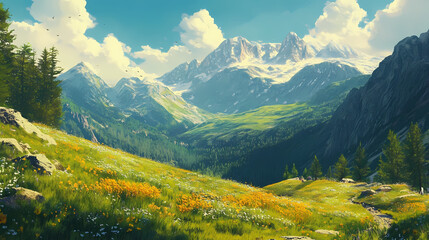 Fototapeta premium Alpine foothills: a splendid mountain landscape in the summer. Foothill. Illustration