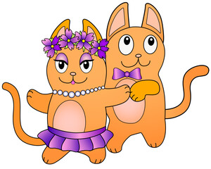 A pair of cute dancing red cats - vector full color picture. Funny cat and his girlfriend are dancing in pairs. There are beads on the kitty, a purple skirt and a wreath, and a bow tie is put